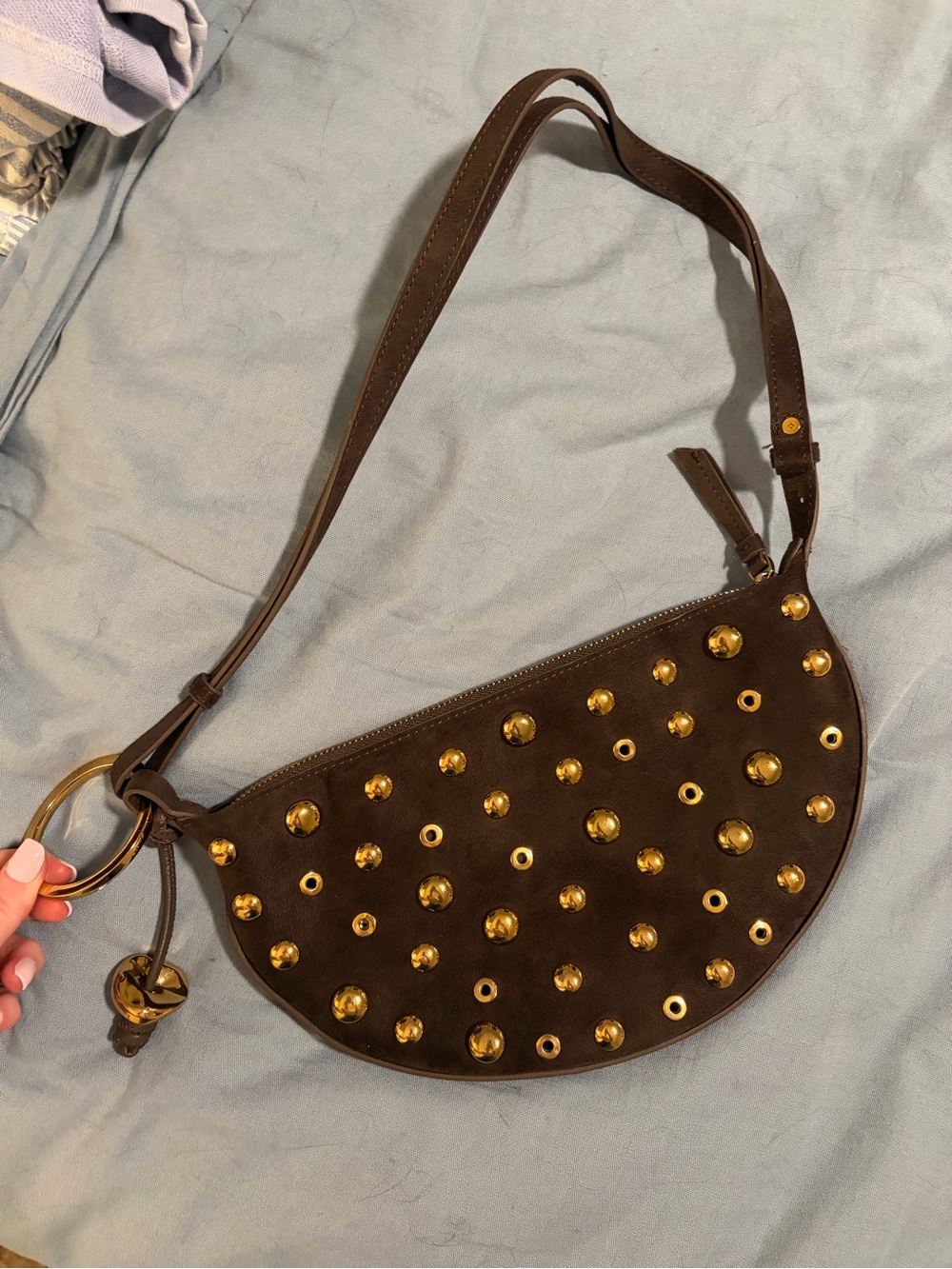 Zara Brown Suede Studded Shoulder Bag with Gold Accents